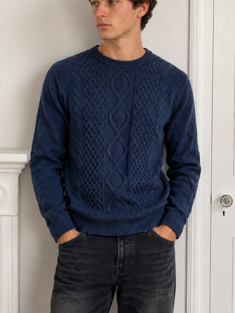 GAP Fisherman Sweater Navy Cable Knit Cotton Crewneck Small